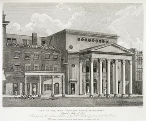 View of the New Theatre Royal, Haymarket, in London, Opened July 4th 1821, Showing also the Relative Situation of the Old Theatre Previous to its Demolition, engraved by Dale, 1822